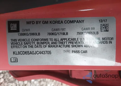 2018 Chevrolet Spark 1Lt Cvt из США, поврежденный, VIN KL8CD6SA0JC443705